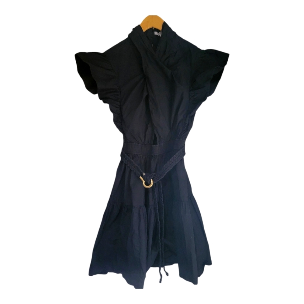 Derek Lam 10 Crosby Dress Womens 04 Black Finn Ruffle Wrap Mini Mock Neck Belted